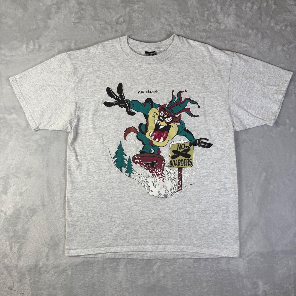 Vintage 1996 Taz Snowboarding T-Shirt Men's‎ XL Grey Looney Tunes Single Stitch